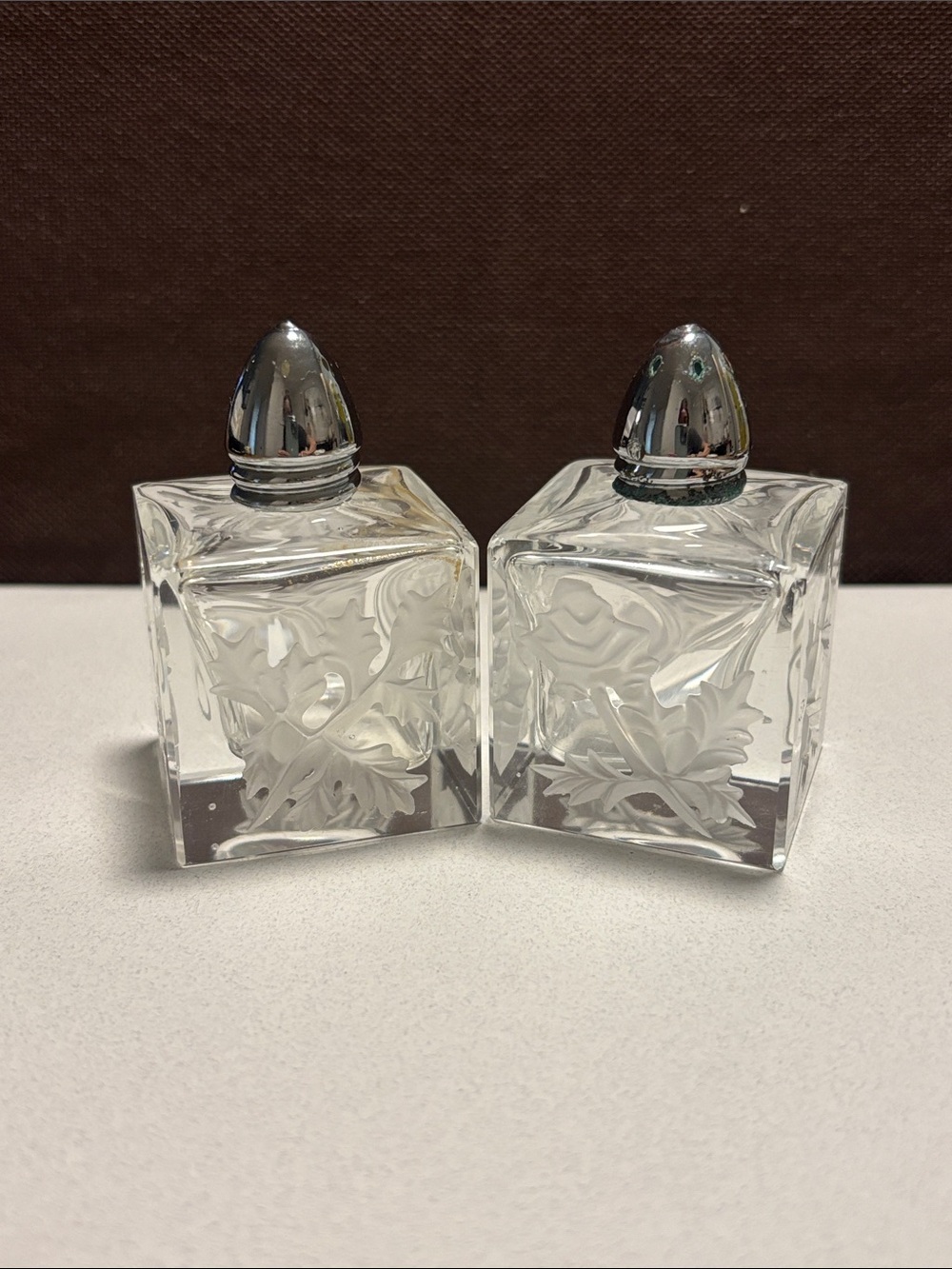 Vintage glass square rose carved salt and pepper set